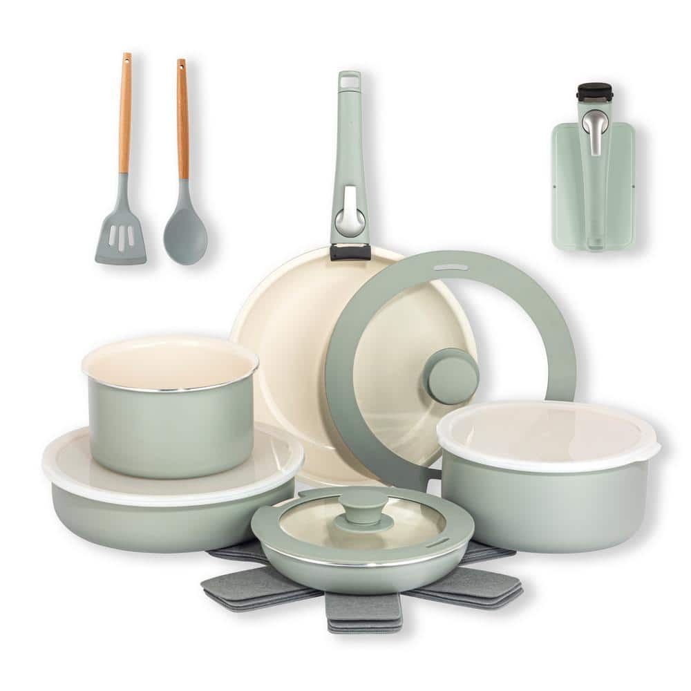 18 Piece Aluminum Ceramic Nonstick Detachable Handle Cookware Set in Sage