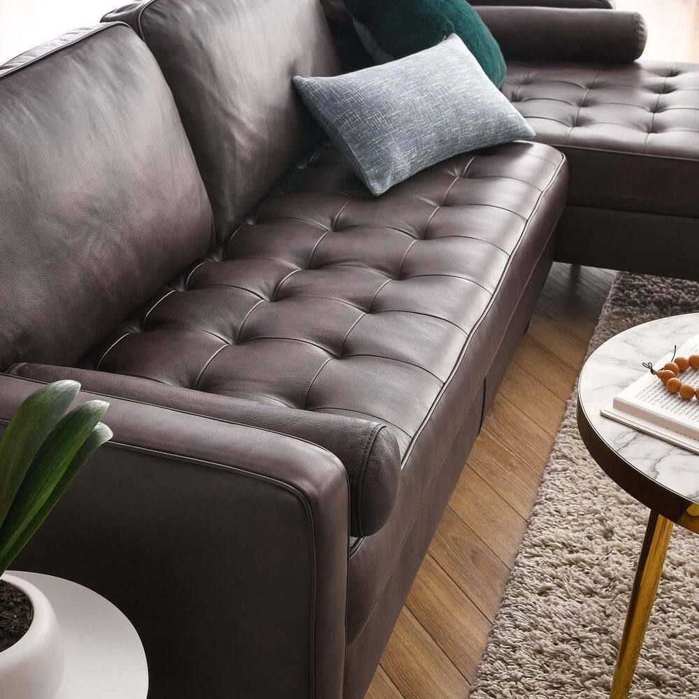Elegant Tufted Brown Faux Leather 98" Sectional Sofa with Wood Accents