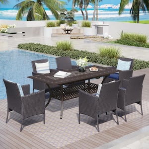 Black 7-Piece Cast Aluminum Patio Outdoor Dining Set with Rectangular Table and Rattan Chairs with Blue Cushions