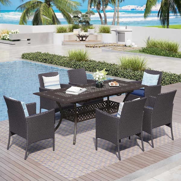 PHI VILLA Black 7-Piece Cast Aluminum Patio Outdoor Dining Set with Rectangular Table and Rattan Chairs with Blue Cushions
