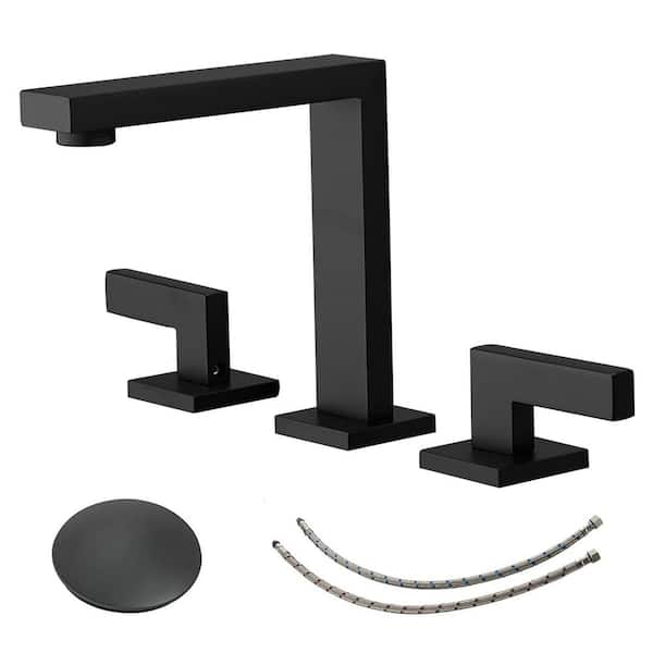 FLG 8 in. Widespread Double Handle Bathroom Sink Faucet Brass 3 Holes Basin Taps with Drain Kit Included in Matte Black