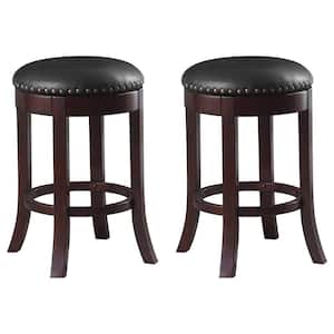 24 in. Brown and Black Backless Wood Frame Swivel Counter Height Bar Stools with Faux Leather Seat (Set of 2)