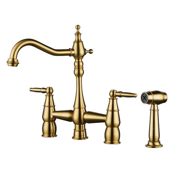Double Handle Brass Vintage Bridge Kitchen Sink Faucet with Side Sprayer and Supply Lines in Brushed Gold