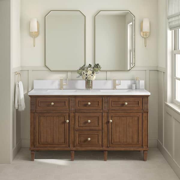 James Martin Vanities Lorelai 60.0 in. W x 23.5 in. D x 34.06 in. H Double Bathroom Vanity in Mid-Century Walnut with White Zeus Quartz Top