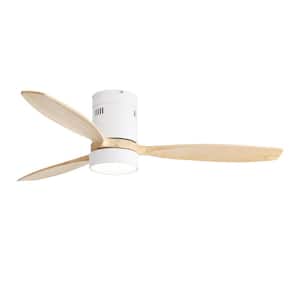 52 in. Smart Indoor White Flush Mount Ceiling Fan with LED Light and Remote Control Solid Wood Blade