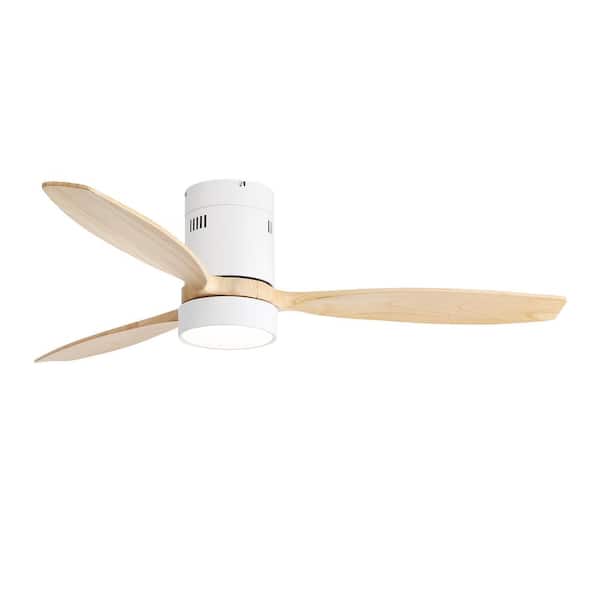 52 in. Smart Indoor White Flush Mount Ceiling Fan with LED Light and Remote Control Solid Wood Blade