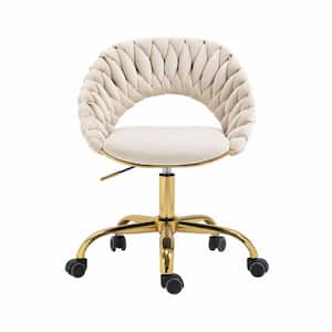 Modern Cute Beige Velvet Upholstered Adjustable Swivel Task Chair