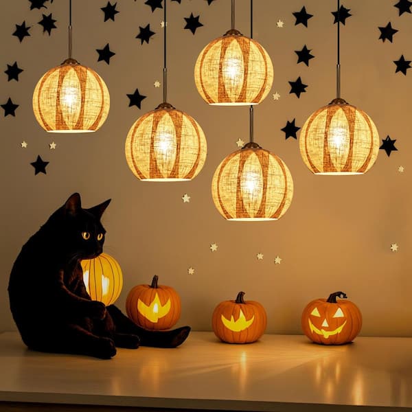 1-Light Boho Brown Pendant Light Chandelier with Hand Woven Natural Linen Glass Shade for Kitchen Island or Dining Room