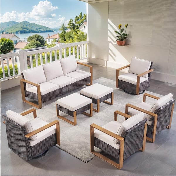 Gymojoy Allcot Brown Wicker 7-Piece Patio Sofa Set Outdoor Deep Seating Conversation Set with Beige Cushions
