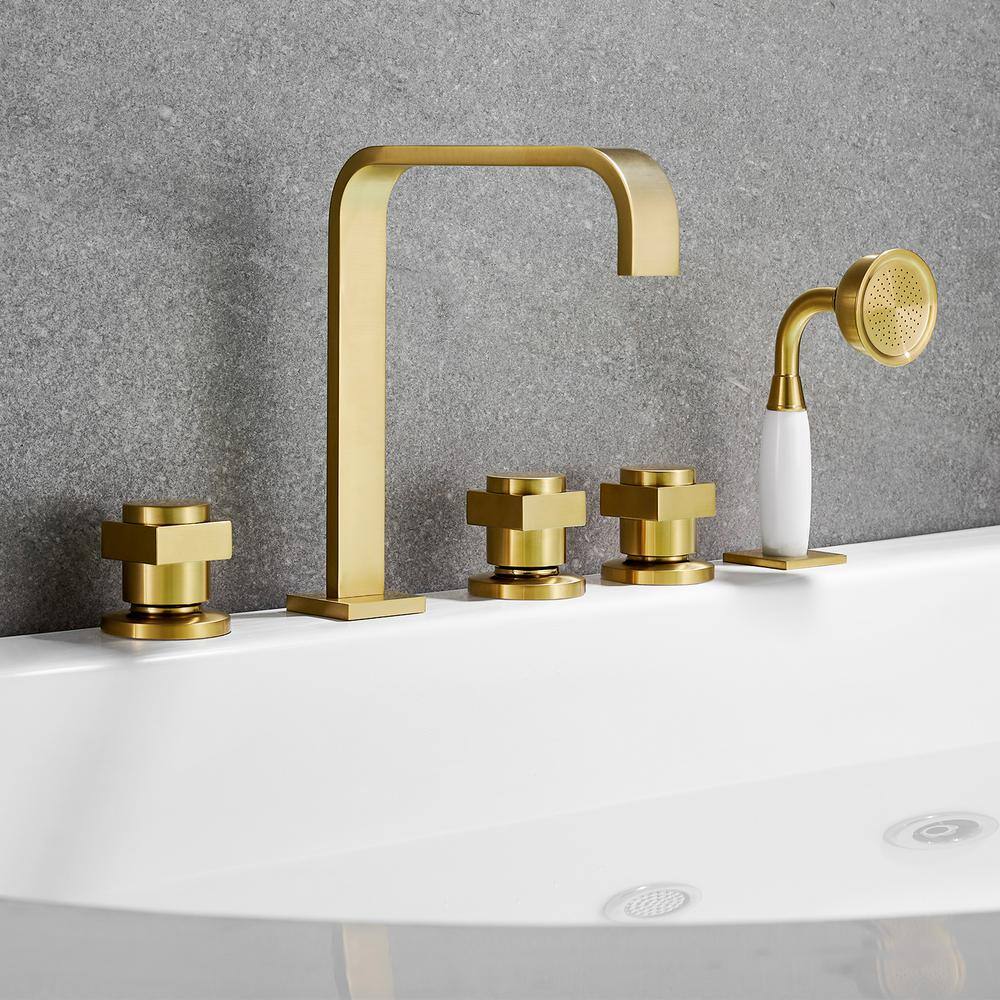 Brushed Gold Stainless Steel Triple Handle Deck-Mount Roman Tub Faucet