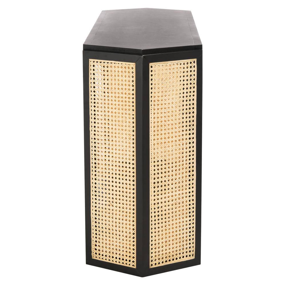 Black Wood Console Table with Woven Rattan Sides