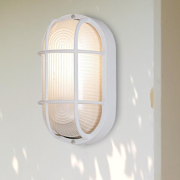 Designers Fountain White 1-Light Outdoor Ceiling Mount Bulkhead Fixture with Ribbed Frosted Glass Shade