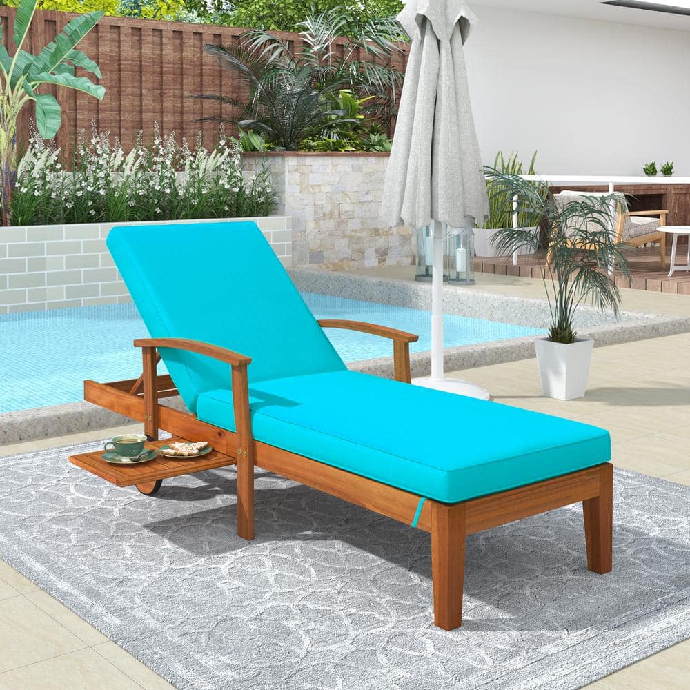 Brown Wood Outdoor Chaise Lounge with Blue Cushion, Wheels and Sliding Cup