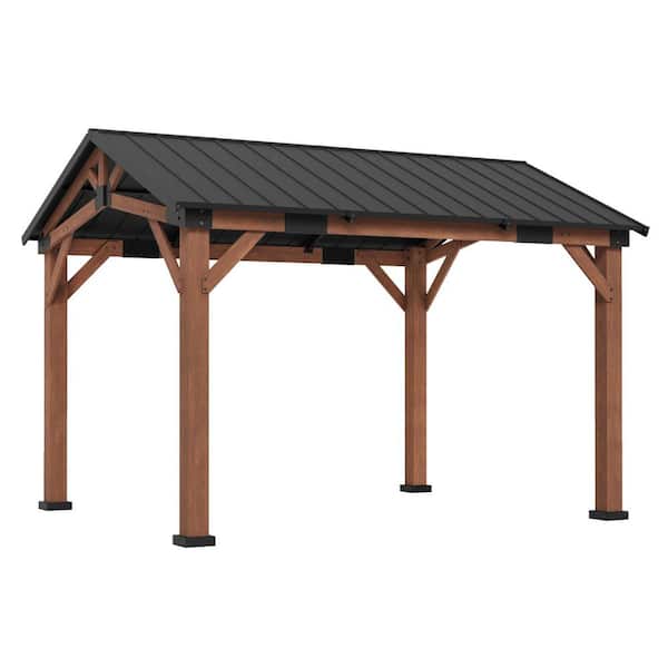 Hampton 10 ft. x 12 ft. Brown Wood Outdoor Gazebo with Iron Peak Roof HardTop Patio Pavilion