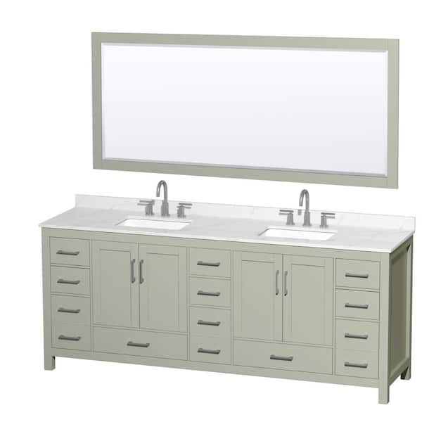 Wyndham Collection Sheffield 84 in. W x 22 in. D x 35 in. H Double Bath Vanity in Light Green with Giotto Quartz Top and 70 in. Mirror