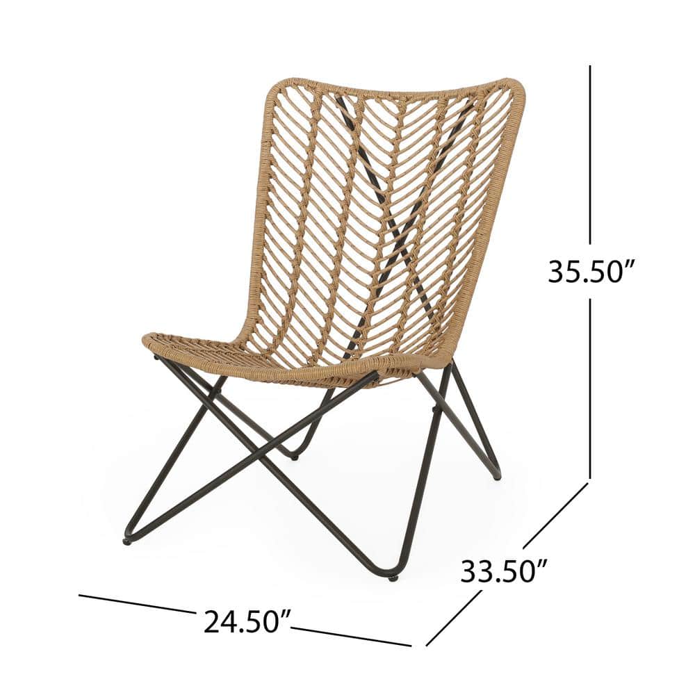 Light Brown and Black Wicker Bohemian Armchair Set with Iron Legs
