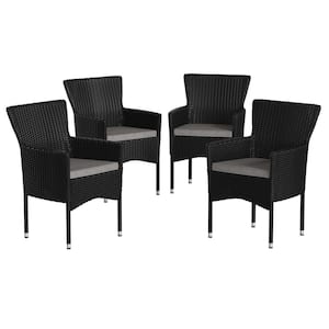 Black Wicker/Rattan Outdoor Lounge Chair in Gray Set of 4