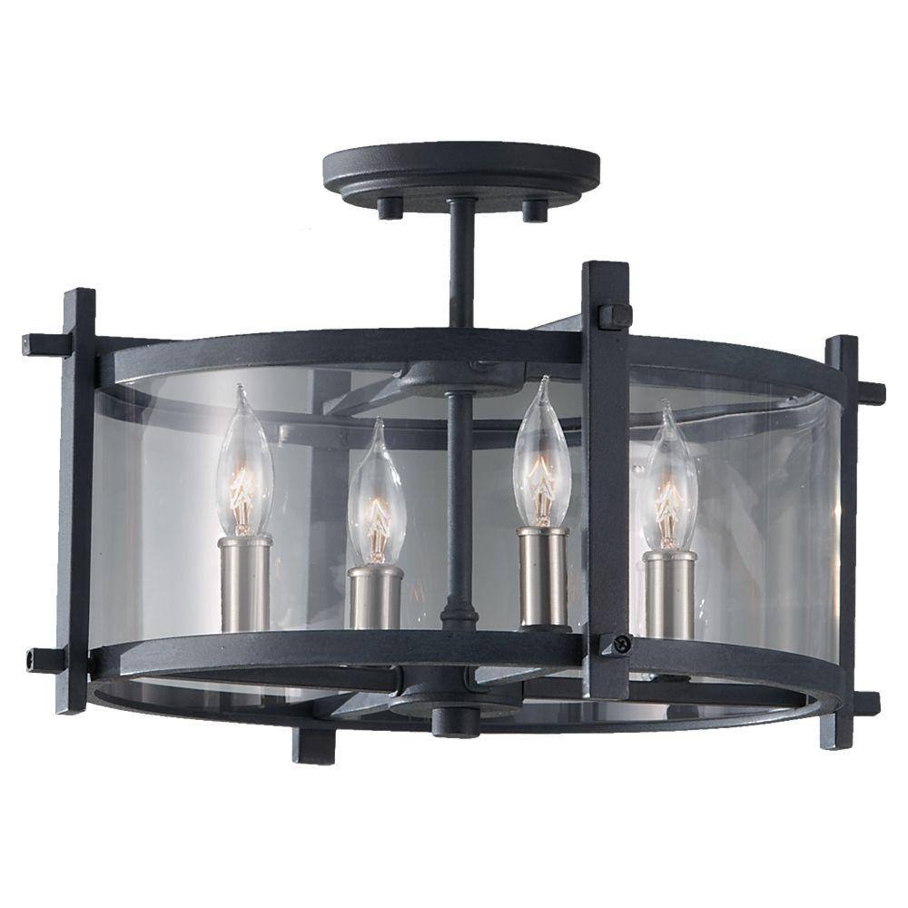 Ethan Antique Forged Iron & Brushed Steel 4-Light Semi-Flush Mount