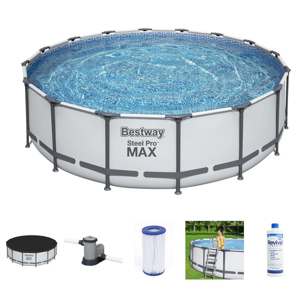 Bestway Steel Pro MAX 16 ft. x 4 ft. Above Ground Round Pool Set w/Accessory Kit, Gray -  5613AEBW+REVW32