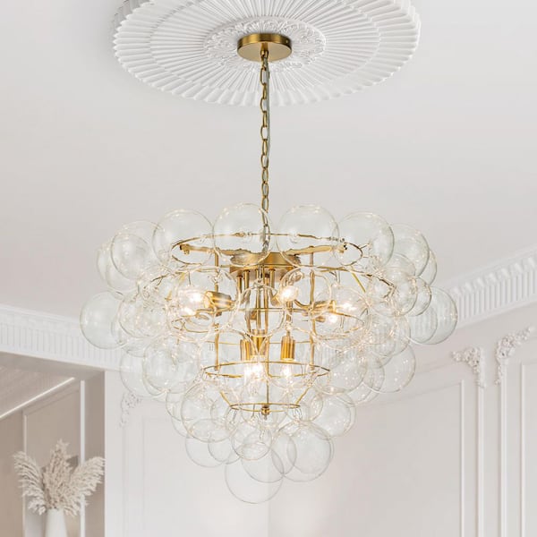 9-Light Antique Brass Modern Cluster Grape Bubble Chandelier with No Bulbs Included