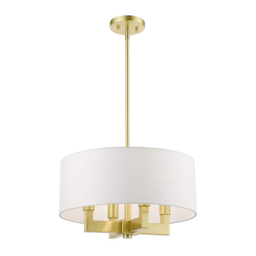 Mini Drum Satin Brass 4-Light Chandelier with Off-White Shade