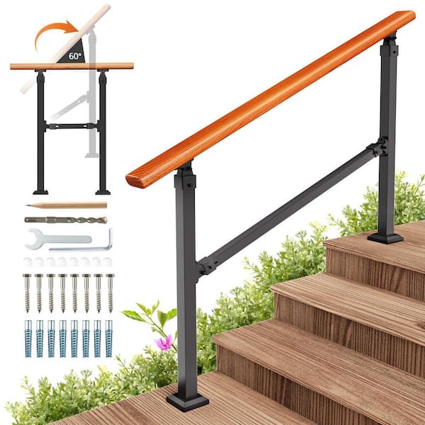 Outdoor Steel Metal Hand Rails for Porch, Wooden Stairs Railing Fit 1 to 4 Steps with Installation Kit, Black