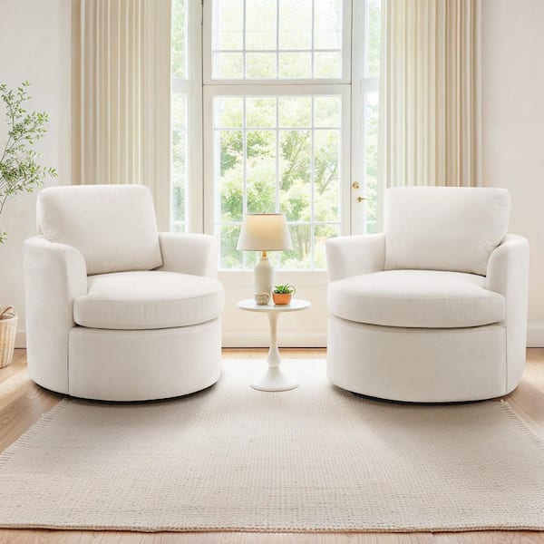 Beige Chenille Upholstered 360° Swivel Accent Chair Adjustable Back Height Armchair with Wood Frame Set of 2