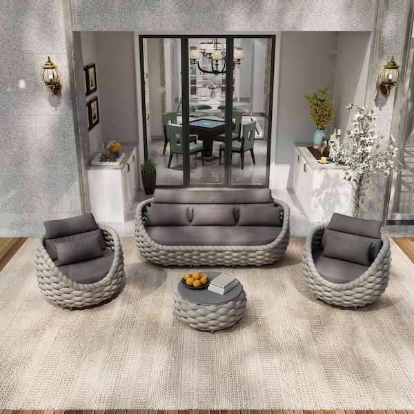 4 Piece Gray Aluminum Polyester Woven Rope Outdoor Sectional Sofa Set 3-Seater Sofa with Gray Cushions
