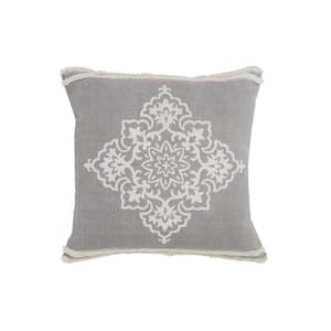 Mandala Dim Gray Medallion Tufted Border Poly-Fill 24 in. x 24 in. Throw Pillow