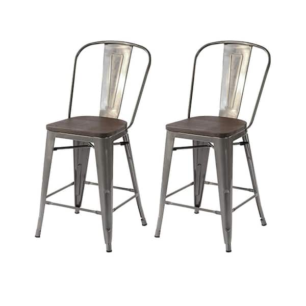 Homy Casa Thocar 24 in. Kitchen Counter Height Silver Metal Bar Stools with Wooden Seats and Backrest, Indoor Outdoor Set of 2