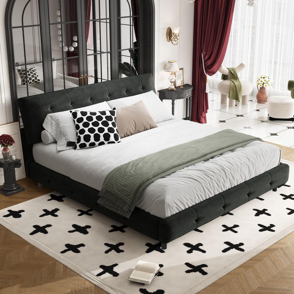 Renee Black Chenille Upholstered Wood Frame King Size Platform Bed with Tufted Headboard and Metal Legs