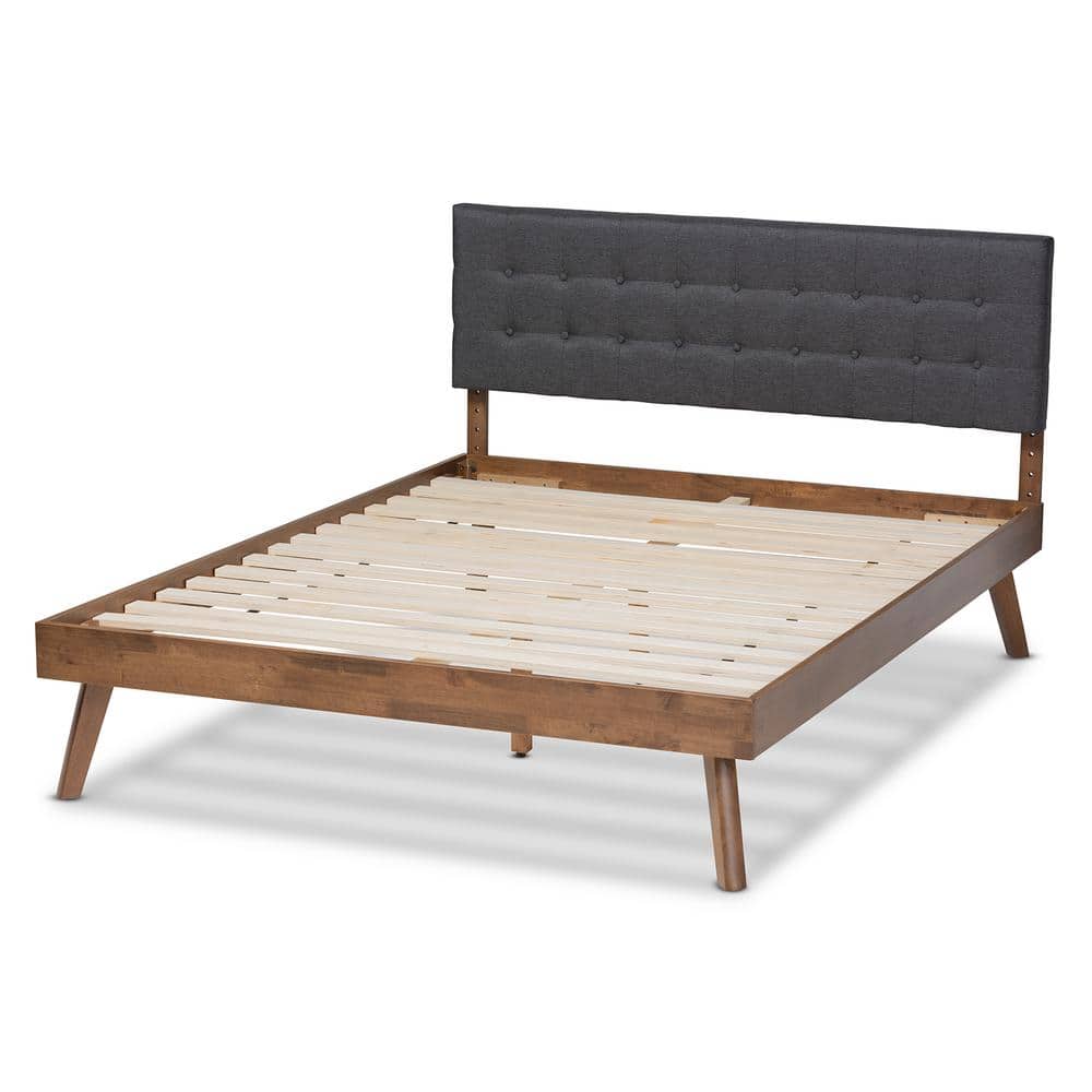 Queen Walnut Wood Platform Bed with Gray Tufted Upholstered Headboard