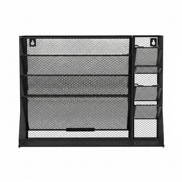 13 in. x 5.7 in. Black Wall File Organizer Metal Magazine Rack