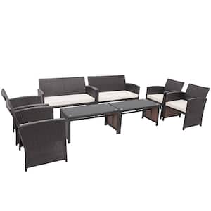 8-Pieces Rattan Patio Conversation Set Outdoor Furniture Set with White Cushions