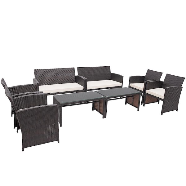 Gymax 8-Pieces Rattan Patio Conversation Set Outdoor Furniture Set with White Cushions