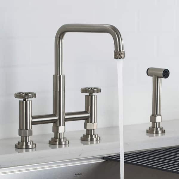 Urbix Double Handle Industrial Bridge Kitchen Faucet with Side Sprayer in Spot Free Stainless Steel
