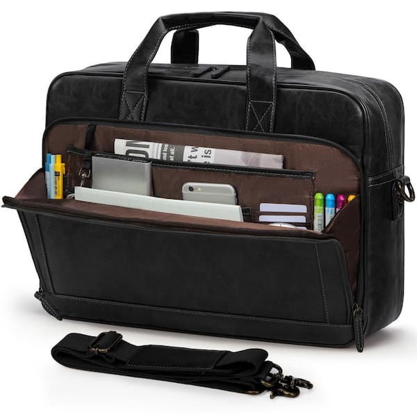 Vintage Black PU Leather Laptop Briefcase, Waterproof, Convertible Shoulder Bag with 16 in. Laptop Compartment