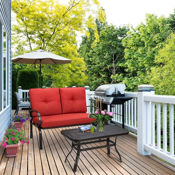 Unbranded 2-Pieces Metal Outdoor Patio Conversation Set with Red Cushion