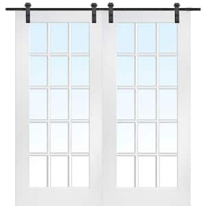 72 in. x 80 in. Primed Composite Clear Glass 15-Lite Double Sliding Barn Door with Matte Black Hardware Kit