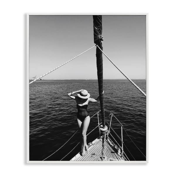 Stupell Industries Woman Posing on Boat by LSR Design Studio White Framed People Giclee Art Print 14 in. x 11 in.