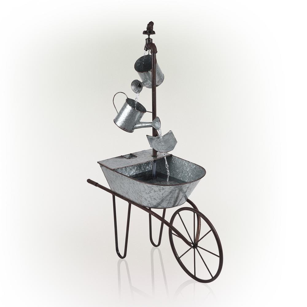 36" Silver Metal Wheelbarrow and Watering Can Fountain
