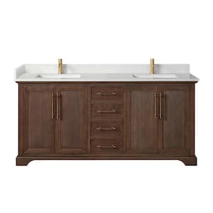 Tokyo 72 in. W. x 22 in. D x 33.9 in. H Double Bath Vanity in Aged Dark Brown Oak with Silk White Quartz Stone Top