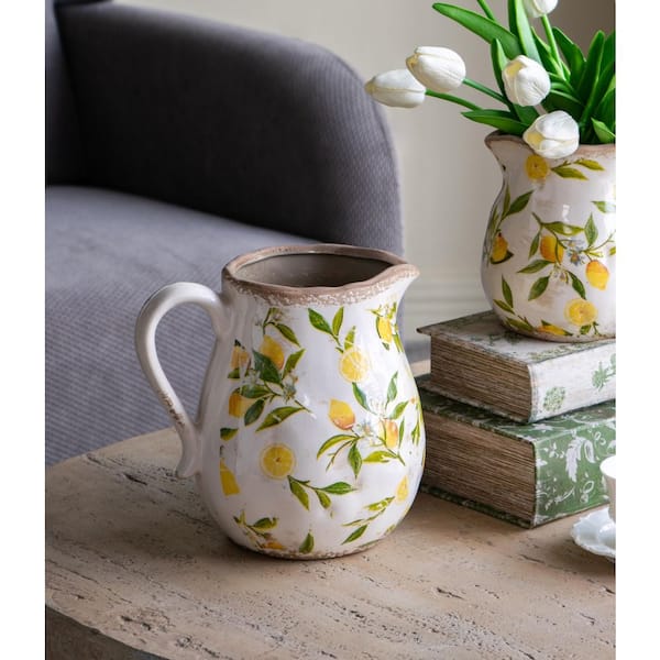 7.9 x 6.5 x 7.9 in. White Round Ceramic Pitcher Vase with Yellow