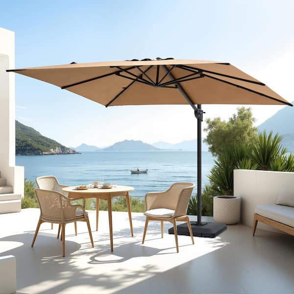 Pellebant 9 ft. x 11 ft. Rectangular Aluminum Offset Cantilever 360°Swivel Tilt Patio Umbrella in Tan with 240 lbs.4-Piece Base