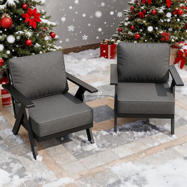 Modern Black Rust-Resistant Metal Frame Outdoor Lounge Chair with Gray Cushions (Set of 2)