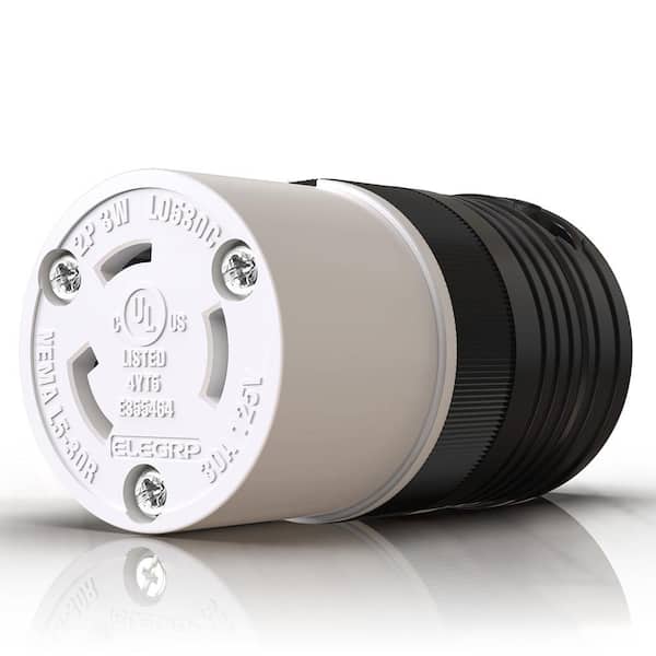 ELEGRP 30 Amp 125-Volt NEMA L5-30R Locking Connector, Industrial Grade Grounding Heavy-Duty，Black/White