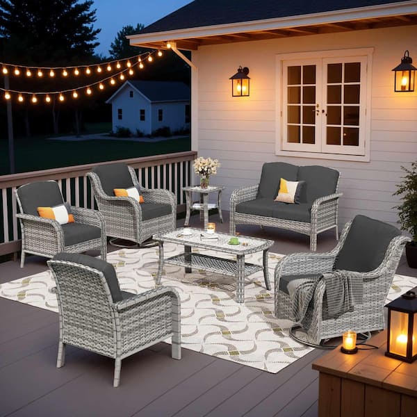 OVIOS Miziisy Gray 7-Piece Wicker Patio Conversation Set with Black Cushions and Swivel Chairs