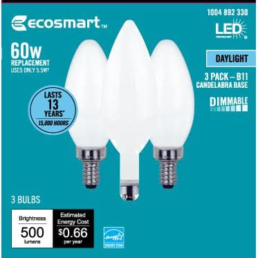 60-Watt Equivalent B11 Dimmable E12 Candelabra ENERGY STAR Frosted Glass LED Vintage Edison Light Bulb Daylight (3-Pack)