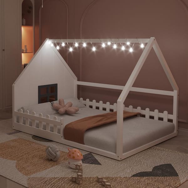 Harper & Bright Designs White Full Size Wood House Platform Bed with Window and Fence, LED light