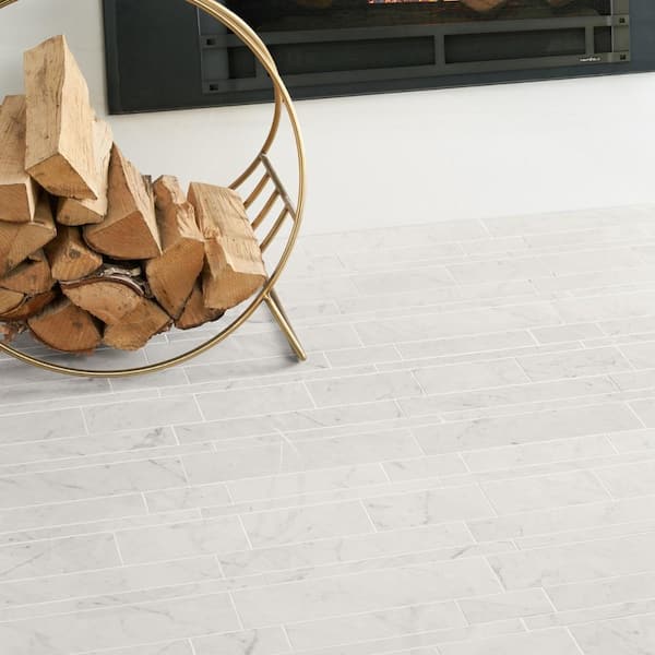 Saroshi Carrara Giola 11.41 in. x 11.69 in. Polished Porcelain Floor and Wall Mosaic Tile (0.92 sq. ft./Each)